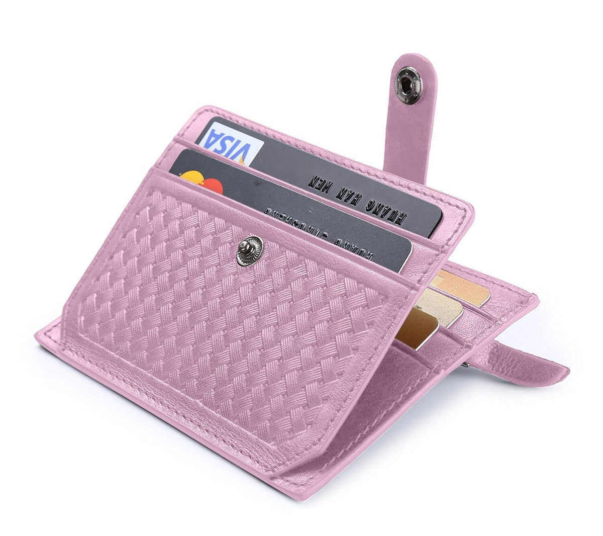 flintronic Credit Card Holder, RFID Blocking Pink Leather Wallet with Covered Button (1 Zipper & 1 Invoice compartments, 5 Card Slots & 1 ID Window) Slim Pocket Purse for Women