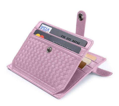 flintronic Credit Card Holder, RFID Blocking Pink Leather Wallet with Covered Button (1 Zipper & 1 Invoice compartments, 5 Card Slots & 1 ID Window) Slim Pocket Purse for Women
