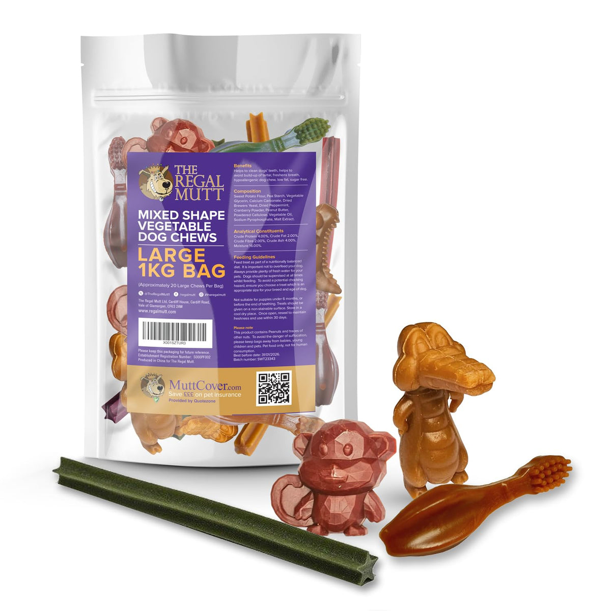 The Regal Mutt - Vegetable Dog Chews - Mixed Shape Variety Pack (Large - 1kg Bag)