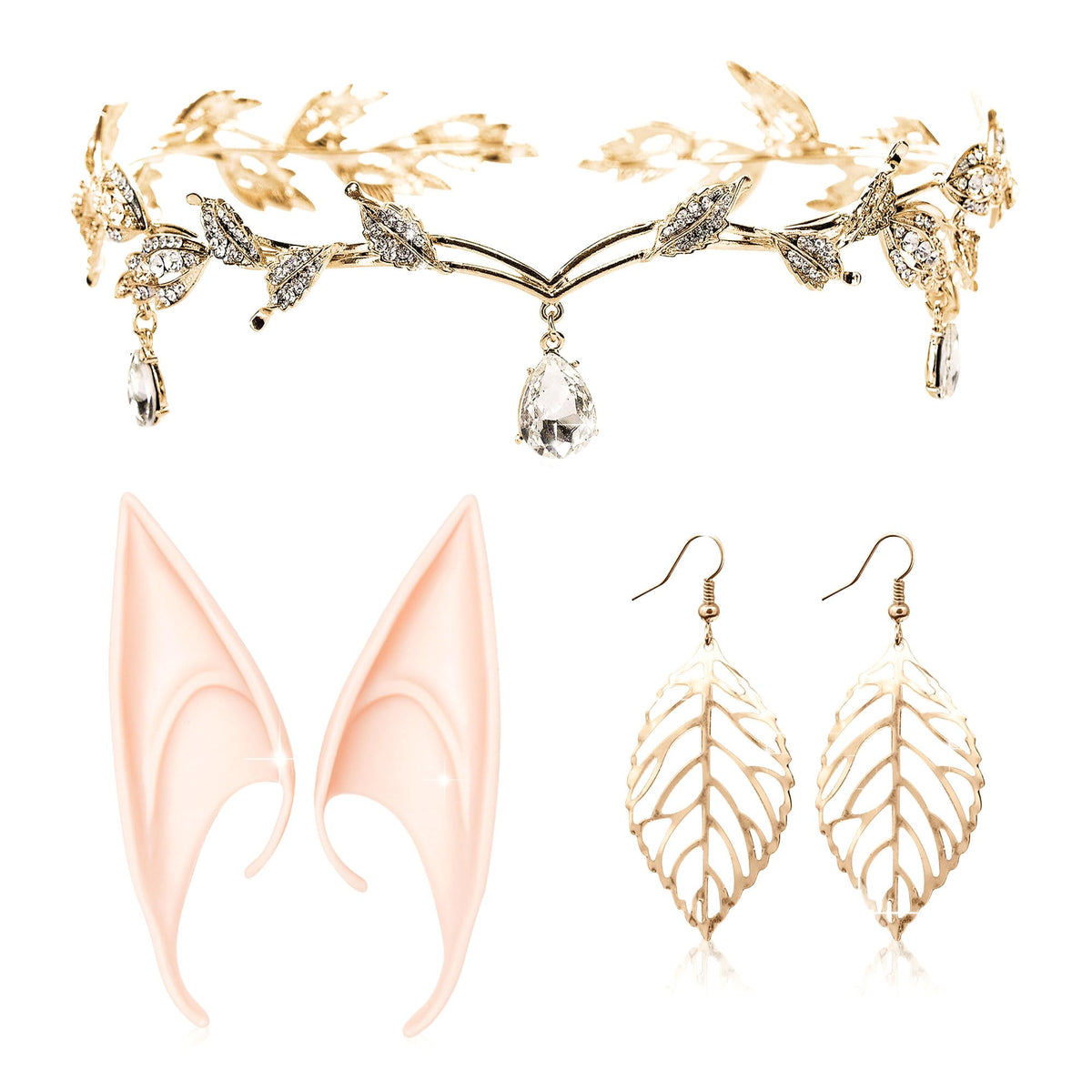 JeVenis Set of 3 Luxury Gold Elf Headpiece Elf Ears Elf Crown Tiara Fairy Headpieces Elf Head Jewelry Fairy, One Size, One Size, Stainless Steel
