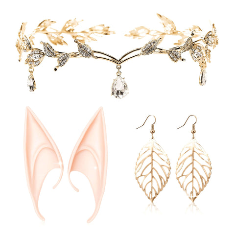 JeVenis Set of 3 Luxury Gold Elf Headpiece Elf Ears Elf Crown Tiara Fairy Headpieces Elf Head Jewelry Fairy, One Size, One Size, Stainless Steel