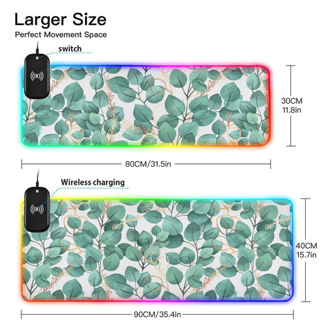 Green Leaves Wireless Charging Mouse Pad for Mobile Phone Extra Large Gaming Mousepad with 13 Lighting Modes Extended Desk Mat for MacBook PC Laptop Desk Office Home Gaming