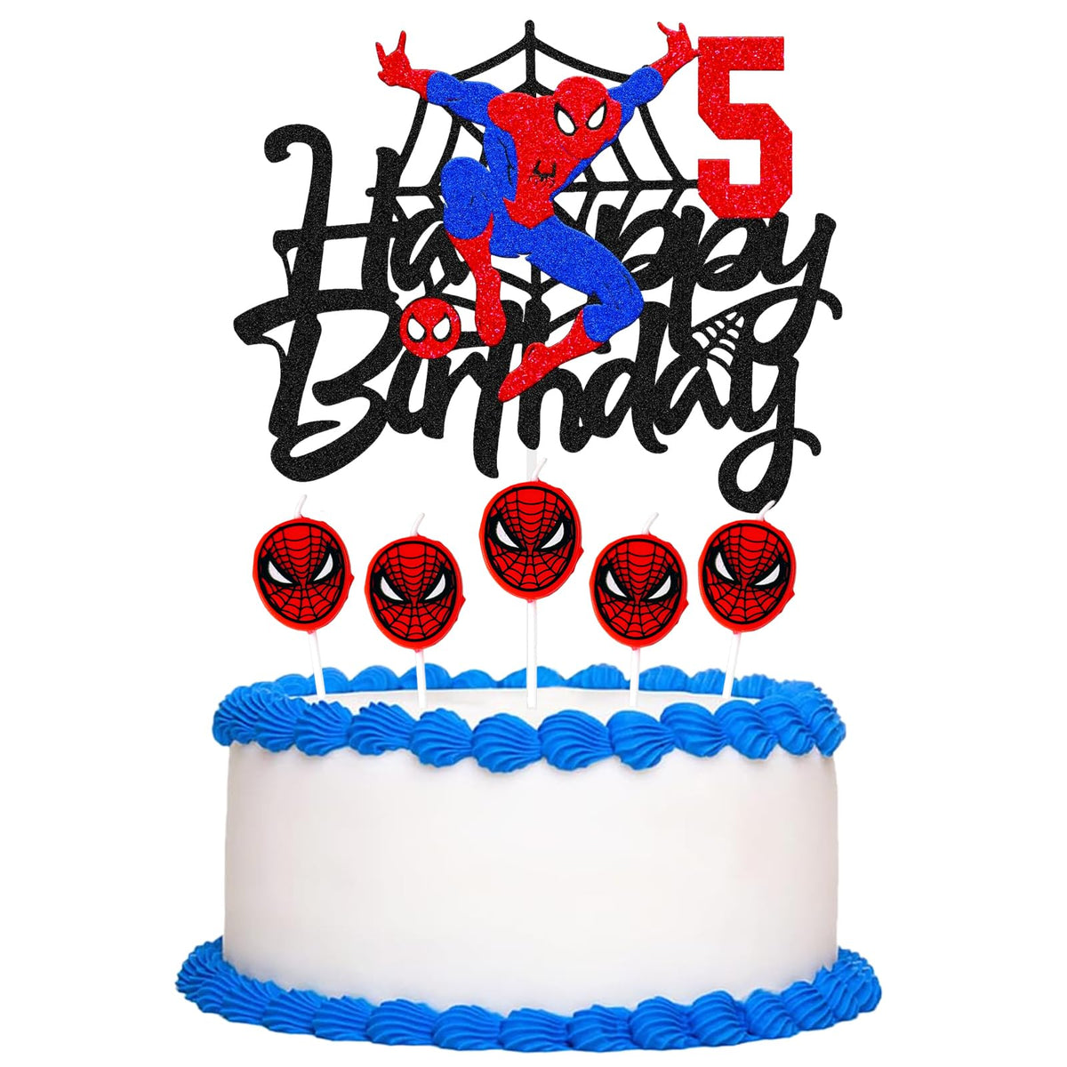 Superhero Spiderman Happy 5th Birthday Cake Topper & Red Spider Candles,Spider Man Cupcake Topper Super Hero 5th Birthday Cake Decorations for Boys,Girls,Kids 5th Birthday Spiderman Party Decorations