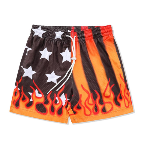 BOOMLEMON Men's Basketball Shorts Casual Workout Athletic Shorts Mesh Flame Graphic Print Running Short Pants, Star Flame Black Orange, Small