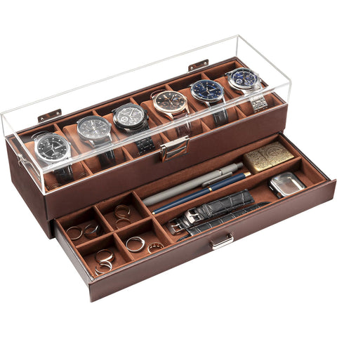 ProCase Watch Case for Men, 6 Slot Watch Display Case With Clear Acrylic Lid, Mens Watch Box Organizer With Drawer, 2-Layer Jewelry and Watch Storage Holder Gift for Men Women -6 Slot, Espresso