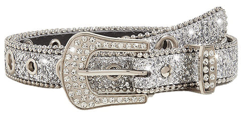 UTOWO Silver Sequins Rhinestone Belt for Women, Western Cowgirl Bling Studded Leather Belt for Jeans Dress Pants