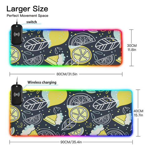 Hand Drawn Lemons Doodle Wireless Charging Mouse Pad for Mobile Phone Extra Large Gaming Mousepad with 13 Lighting Modes Keyboard Mat for Gaming MacBook PC Laptop Desk Office Home