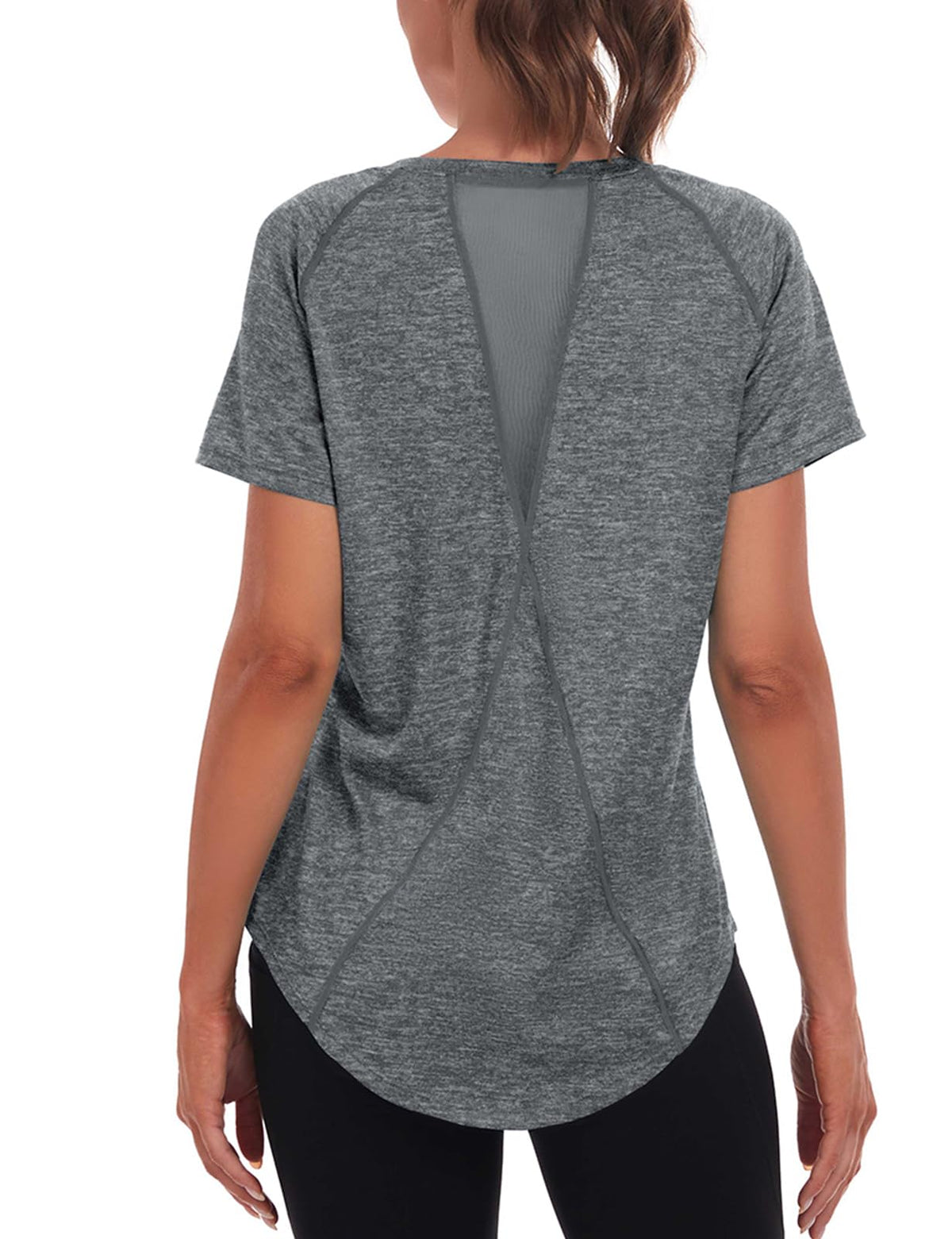 Jlowesun Women's Long Gym Running Tops, Short Sleeve Back Mesh Workout Yoga Sprots Loose Fit Summer Quick Dry Fitness Activewear Athletic T-Shirt for Ladies Exercise