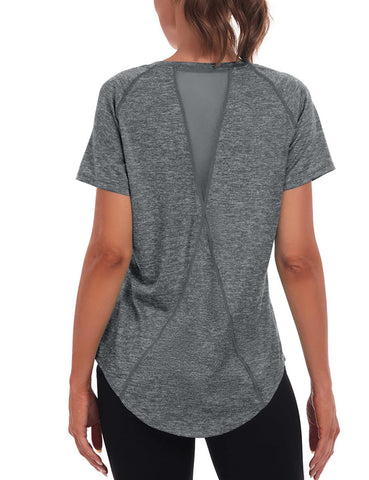 Jlowesun Women's Long Gym Running Tops, Short Sleeve Back Mesh Workout Yoga Sprots Loose Fit Summer Quick Dry Fitness Activewear Athletic T-Shirt for Ladies Exercise