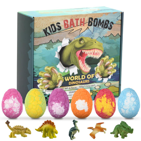 Bezavea 6 Pack Bath Bombs for Kids with Surprise Dinosaurs Toys Inside, Handmade Large Bath Bombs Gift Set, Natural Essential Oil SPA Bath Fizzies Set, Christmas Birthday Gifts for Boys Girls