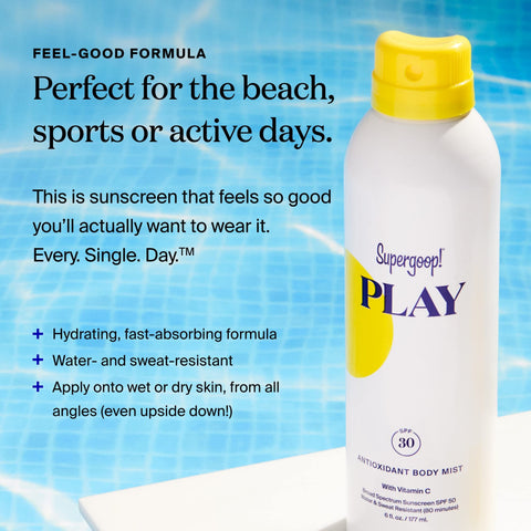 Supergoop! PLAY SPF 30 Antioxidant Body Mist w/ Vitamin C, 6 fl oz - Broad Spectrum Sunscreen Spray for Sensitive Skin - Clean Ingredients - Great for Active Days