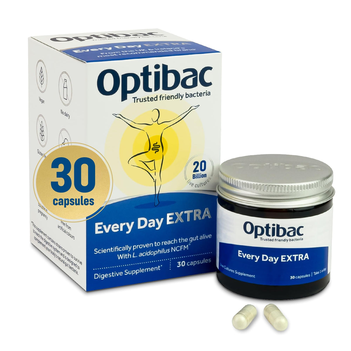 Optibac Probiotics Every Day Extra - High Strength Vegan Digestive Probiotic Supplement with 20 Billion Bacterial Cultures - 30 Capsules