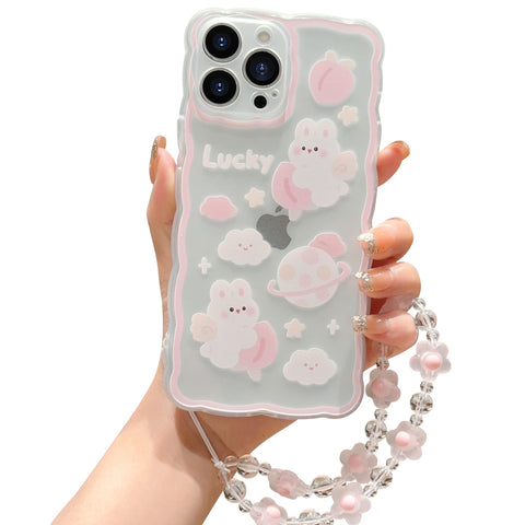 ZSYTZL Compatible with iPhone 12 Pro Max Case Clear Cute Cartoon Peach Rabbit Pattern with Cute Chain Design for Women Girls Kawaii Slim Soft TPU Case for iPhone 12 Pro Max-Peach Rabbit