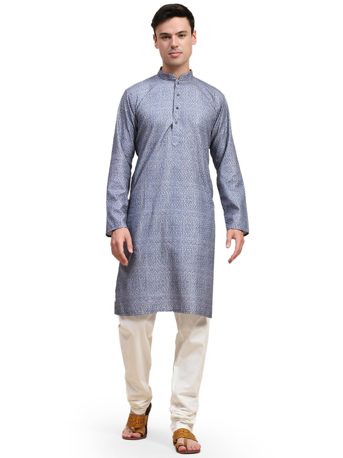 SKAVIJ Men's Viscose Rayon Embroidered Kurta Pajama Set Ethnic Motifs Thread Work Party Dress (KP123grey_Grey_M)