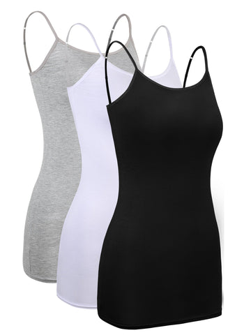 WILLBOND 3 Pieces Women's Basic Long Tanks Adjustable Spaghetti Strap Camisole Top, Set of Colours 1, L