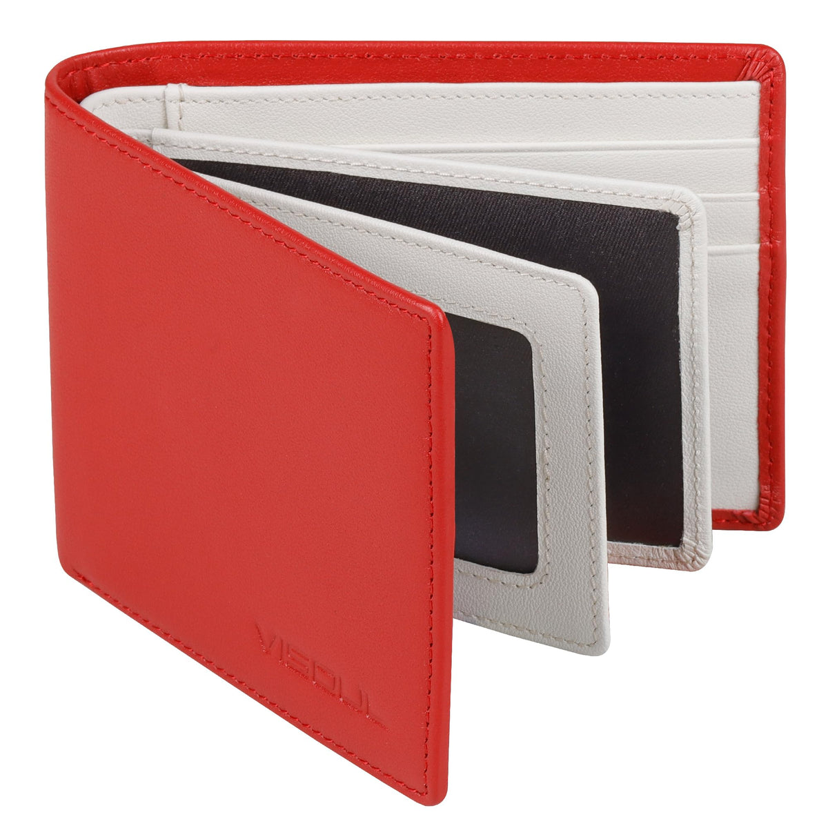 VISOUL Slim Bi-fold Wallet for Men and Women with 4 ID Windows 8 Card Slots 1 Cash Compartment, Leather Credit Card Holder Wallet Two Tone with RFID Blocking, Red and White, Casual