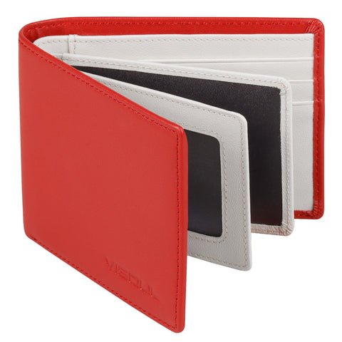 VISOUL Slim Bi-fold Wallet for Men and Women with 4 ID Windows 8 Card Slots 1 Cash Compartment, Leather Credit Card Holder Wallet Two Tone with RFID Blocking, Red and White, Casual