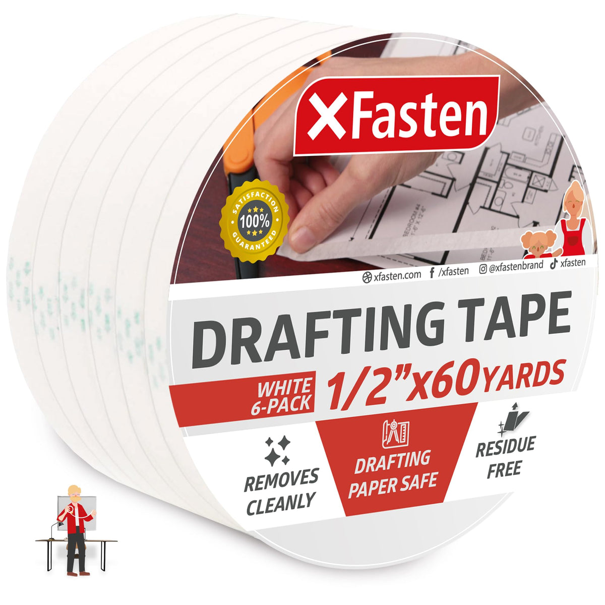 XFasten Artisan Grade Drafting Tape, 1/2 Inches x 60 Yards, Pack of 6 for Drafting and Arts & Crafts
