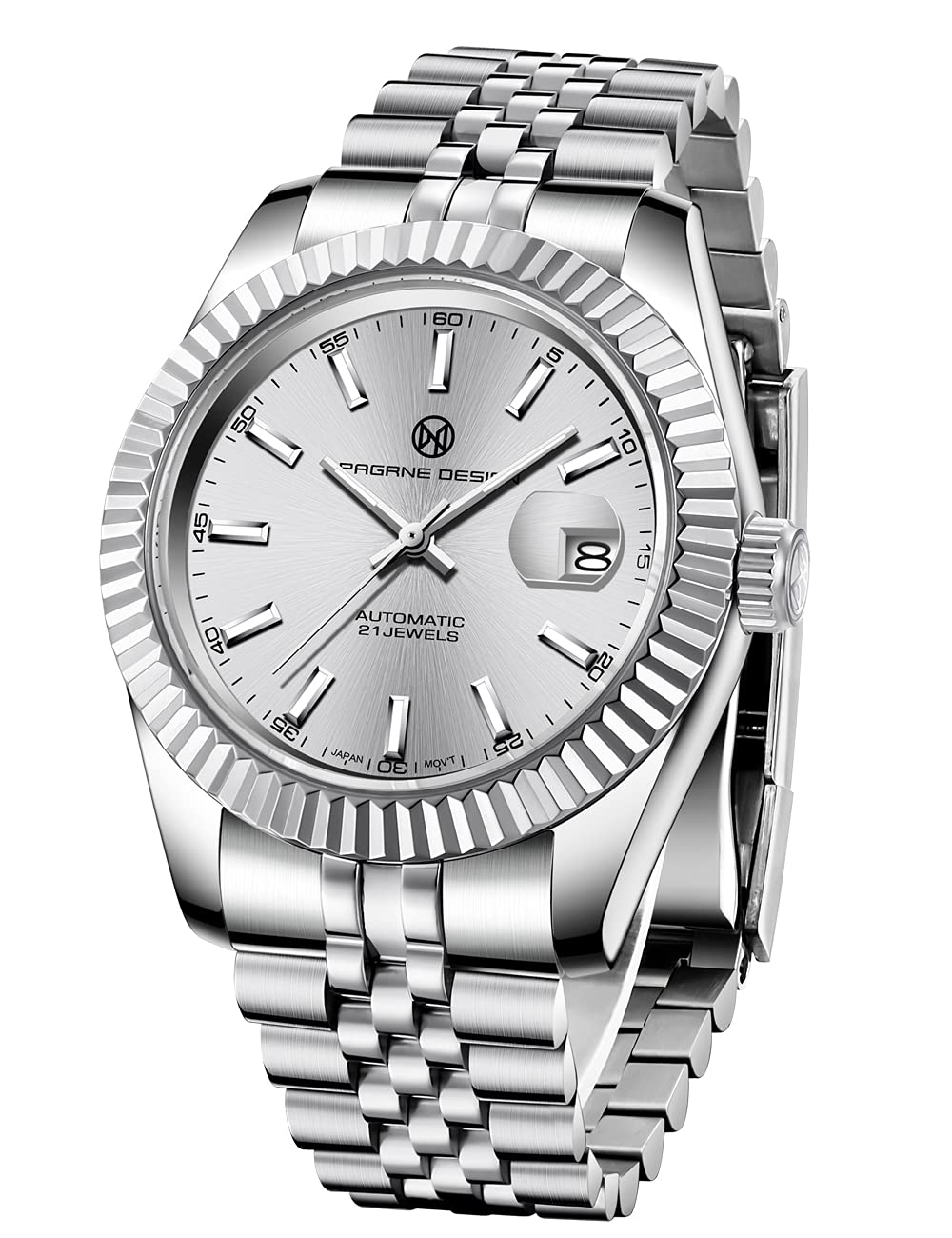 PAGRNE DESIGN Men's NH35 Automatic Mechanical Watches, Diver's Watch, Scratch Resistant - Date Display, Stainless Steel Wrist Watch?1645 Silver White?