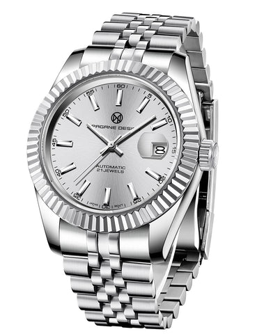 PAGRNE DESIGN Men's NH35 Automatic Mechanical Watches, Diver's Watch, Scratch Resistant - Date Display, Stainless Steel Wrist Watch?1645 Silver White?