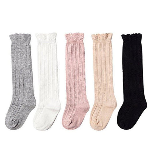 AQOKKA 5 Pack Toddler Knee High Socks for Girls Ruffle Baby Socks with Bows Knit Stockings Infant Long Socks for Toddler Girls