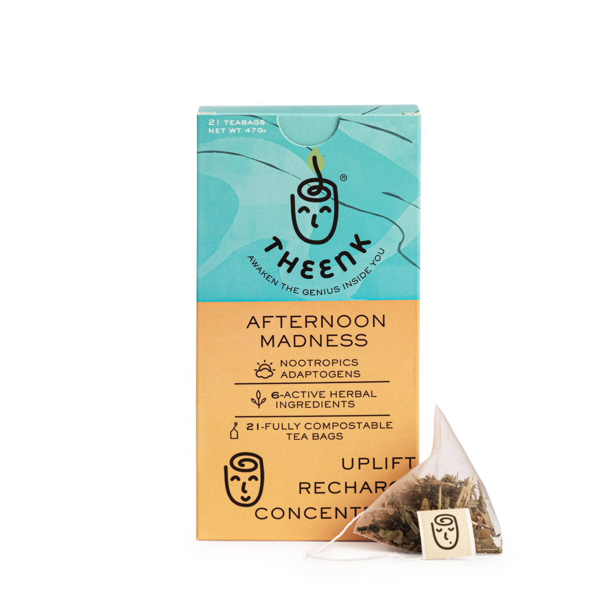 Theenk Tea - Herbal Tea-Brain Boosting Mixed Selection- Improves Focus, Concentration, and Memory with Natural Nootropics, Adaptogens (Afternoon Madness)