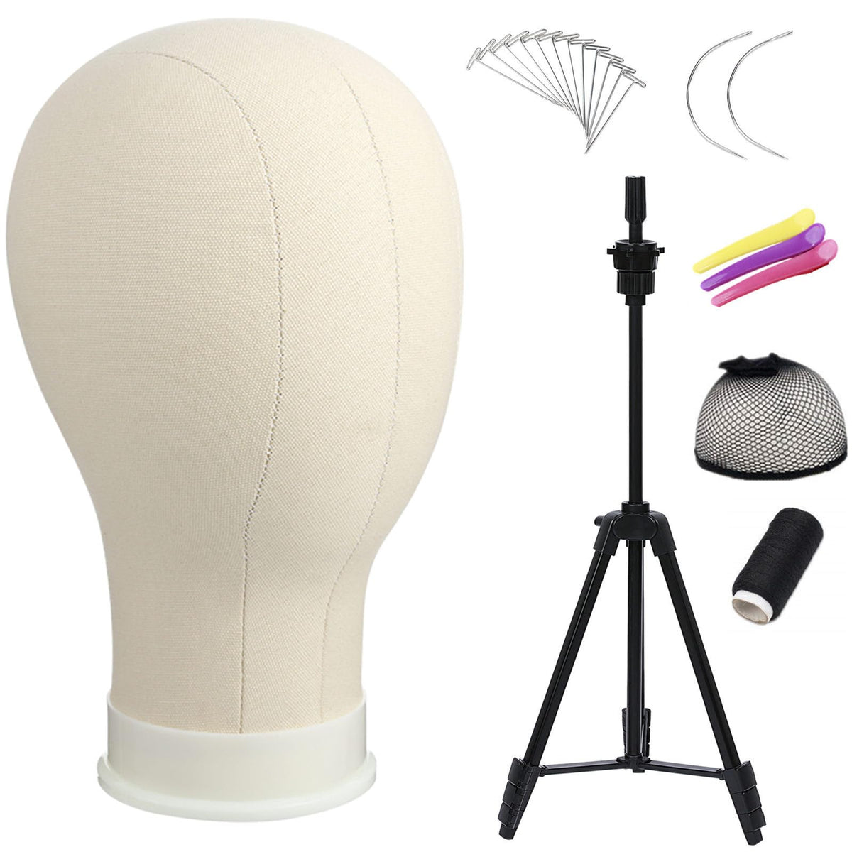 lucicass Wig Head 22Inch Canvas Block Head Wig Stand with Mannequin Head 55" Wig Stand Tripod with Head Mannequin Head Stand with Head for Wigs Making Display(22Inch, White)