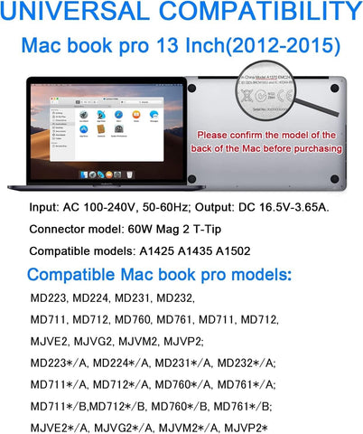 Mac Book Pro Charger, Replacement for Mac Book Pro/Mac Book Air 60W AC 2 T Connector Power Adapter,Compatible with Mac Book Pro/Mac Book Air 11 inch and 13 inchÃƒÆ’Ã‚Â¯Ãƒâ€šÃ‚Â¼Ãƒâ€¹Ã¢â‚¬Â Applicable to Late 2012-2017ÃƒÆ’Ã‚Â¯Ãƒâ€šÃ‚Â¼ÃƒÂ¢Ã¢â€šÂ¬Ã‚Â°
