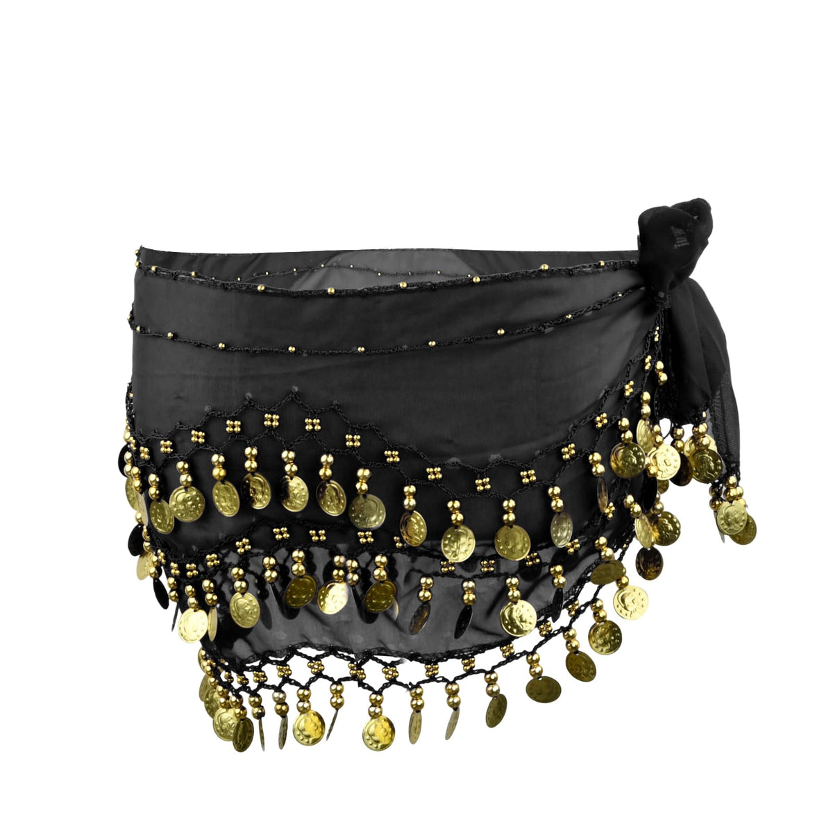 Shengxi Belly Dance Hip Scarf, Black Belly Dance Skirt Sexy Chiffon Belly Dance Hip Scarves with 128 Dangling Gold Coins, Women's Belly Dance Costume for Show Party, One Size