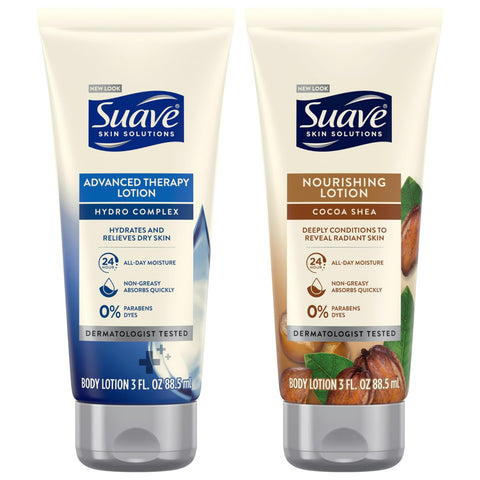 Suave Lotion Variety Pack - Advanced Therapy Hydro Complex & Nourishing Lotion Cocoa Shea, Moisture-Rich Body Lotion for Extremely Dry Skin, 3 Oz Ea (2 Piece Set)