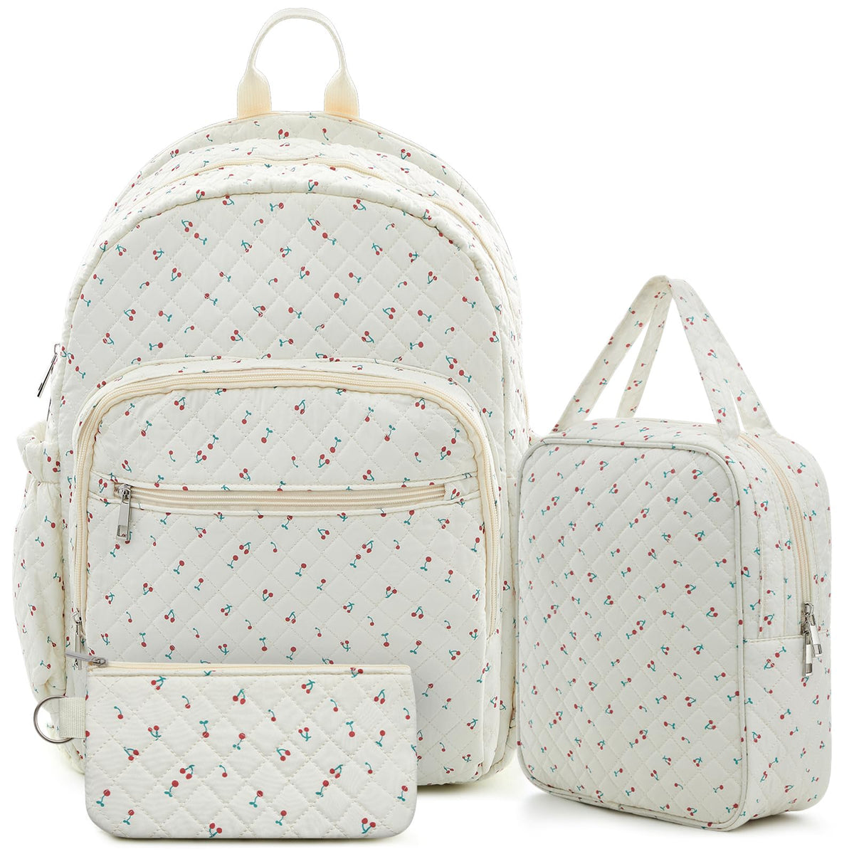 Locmeo 3 Pcs Quilted Backpack Set Including Floral School Bag, Lunch Bag, Wallet Lightweight Cotton Cherry Style Backpack Coquette Backpack for Girls Teen Women School Outside Activities Travel