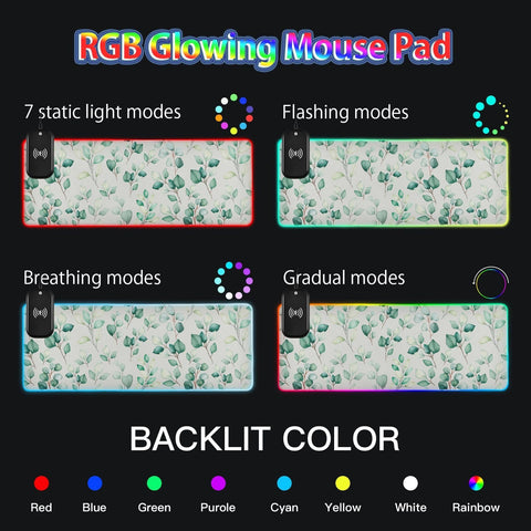 Green Leaves Watercolor Wireless Charging Mouse Pad for Mobile Phone Extra Large Gaming Mousepad with 13 Lighting Modes Extended Desk Mat for MacBook PC Laptop Desk Office Home Gaming
