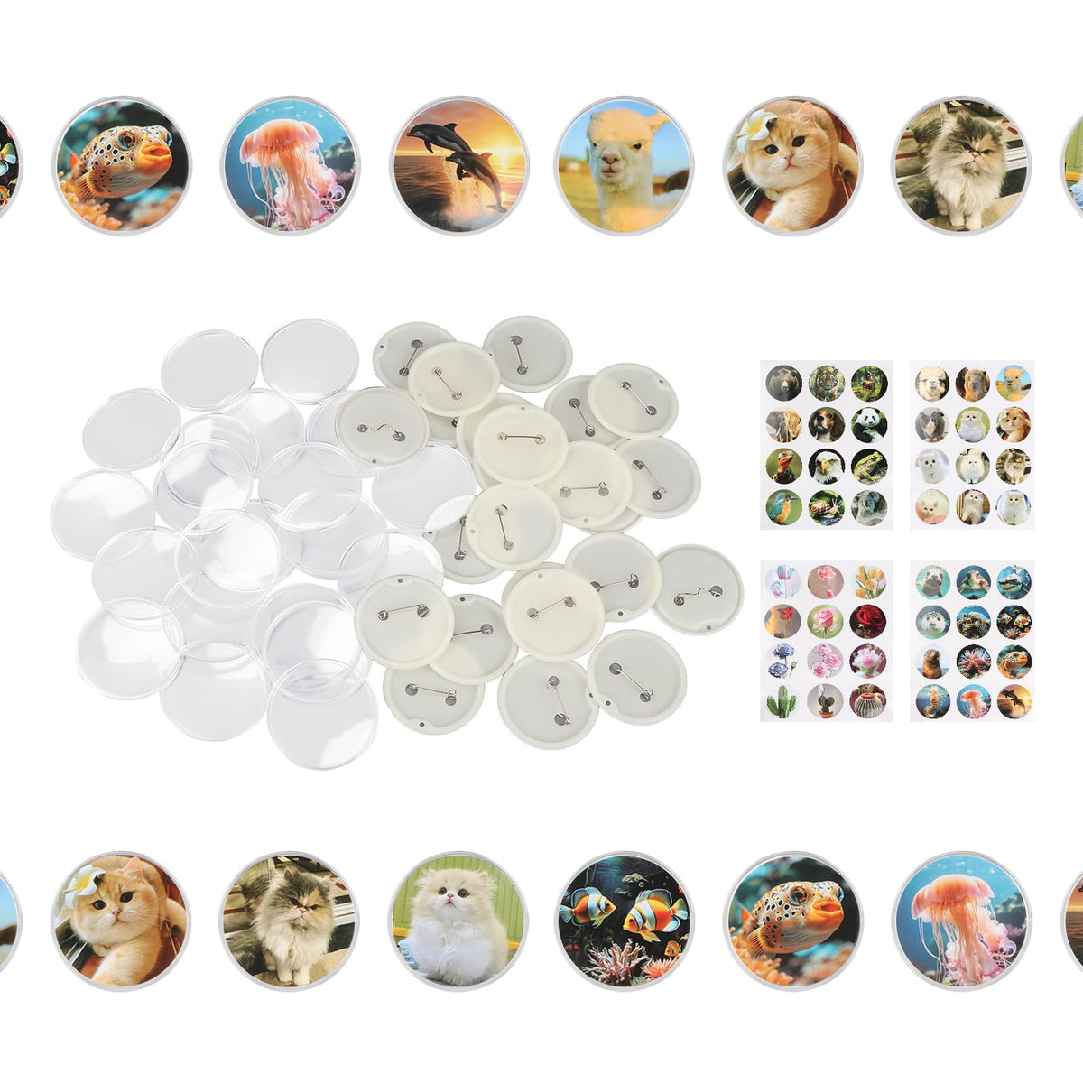 Domigard 48pcs Button Badges Set with Pin, 55mm Plastic Round Badge Pins with 48pcs Patterns, Badge Making Kit Blank Button Picture for DIY Making Craft Supplies for Domigrad Button Maker Machine