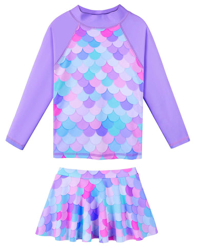 ZNYUNE Kids Girls UPF 50+ UV Sun Protection Rash Guard Swimsuit Long Sleeves Flower Summer Swimming Beach Costume S379 PurpleScale 14A