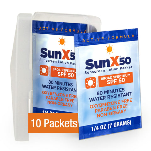 Sun X 50 Travel Sunscreen Packets (0.25 Fl Oz.) with Carrying Case - Pack of 10 SPF 50 Paraben, Oxybenzone, & White Cast Free Travel Size Sunscreen Packets - Water & Sweat Resistant Up To 80 Minutes