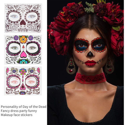 Lurrose Day of The Dead Headband Rose Floral Veil Headpiece with 8 Pieces Halloween Face Temporary Tattoos Tattoos for Cosplay Costume Party