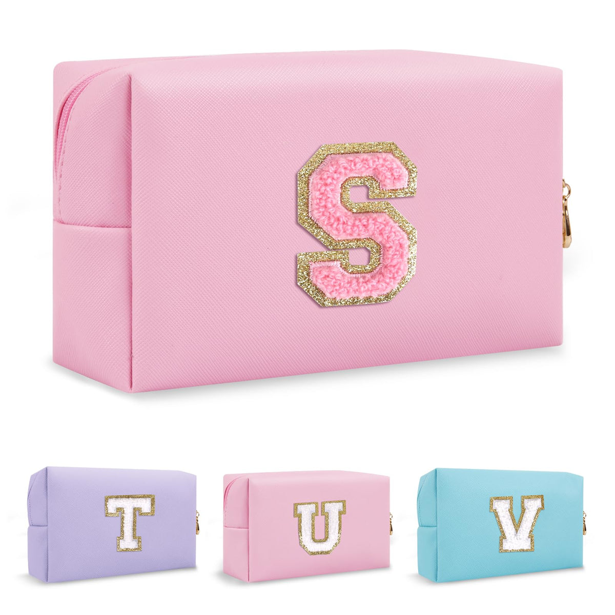 Small Travel Initial Preppy Makeup Bag, Pink Cute Cosmetic Organizer Toiletry Zipper Pouch Make Up Bag for Purse, Monogram Makeup Storage Personalized Graduation Gift for Friends Student(Letter S)