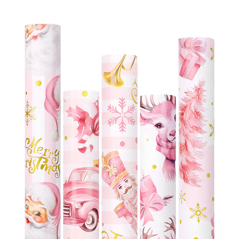 ZALAON Pink Christmas Wrapping Paper - 5 x 3M Pink Xmas Wrapping Paper Rolls for Gift Boxes Festival Decoration, 43.2CM Wide, 15M
