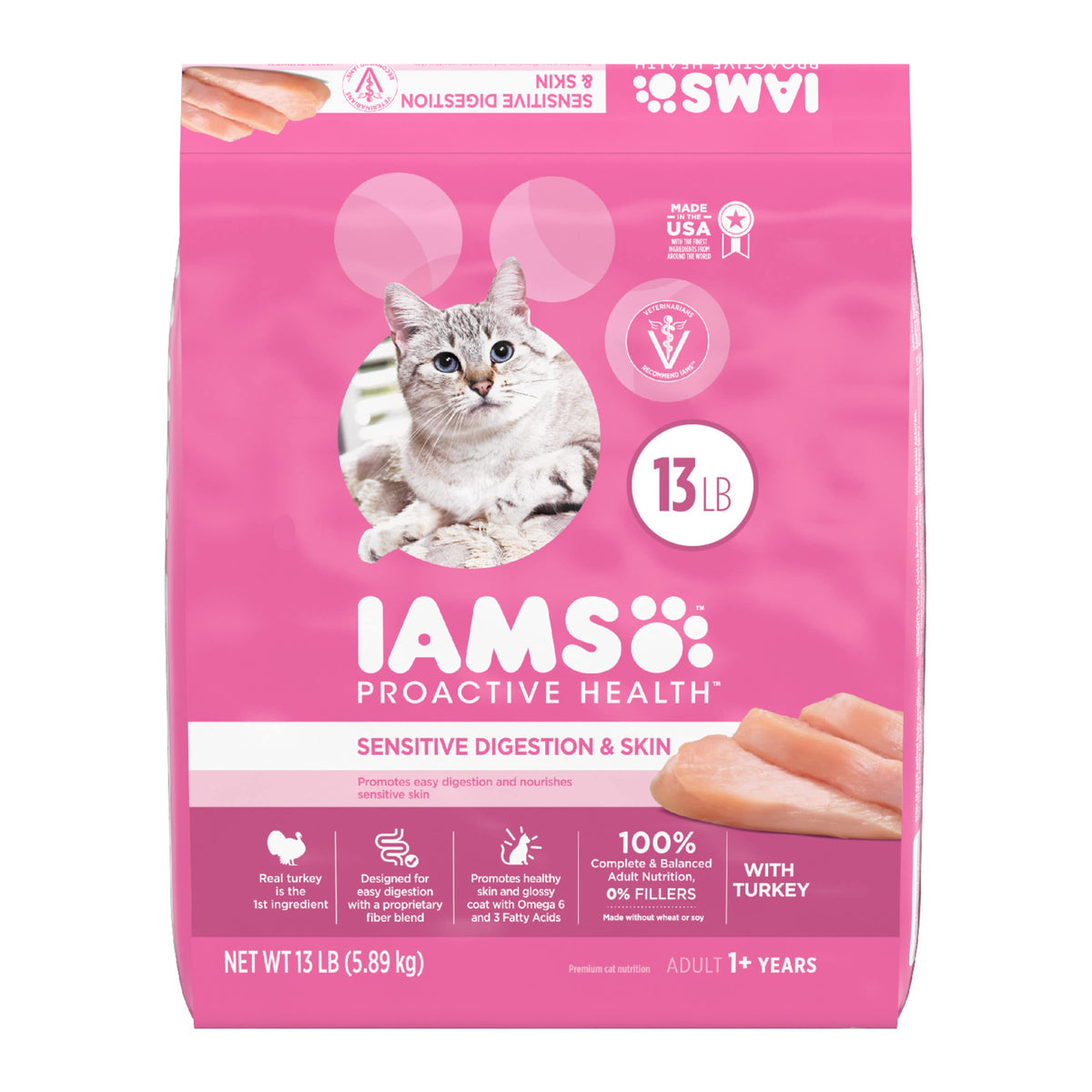IAMS Proactive Health Adult Sensitive Digestion & Skin Dry Cat Food with Turkey, 13 lb. Bag