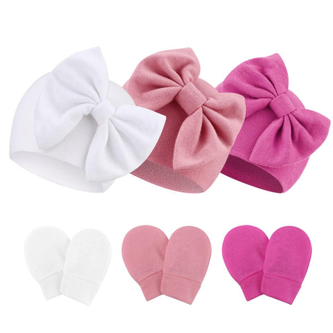 AQOKKA 3 PCS Baby Girl Hats with Bow Newborn Beanies Baby Girl Infant Caps Baby Mittens Newborn Hats for Baby Girls 0-6 Months