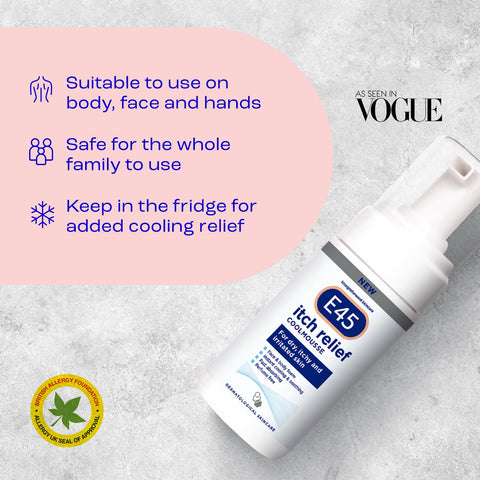 E45 Itch Relief Coolmousse 100ml - Face and Body Foam for Dry Skin, Itchy Skin and Irritated Skin - Cooling Foam to Soothe Itchy Skin