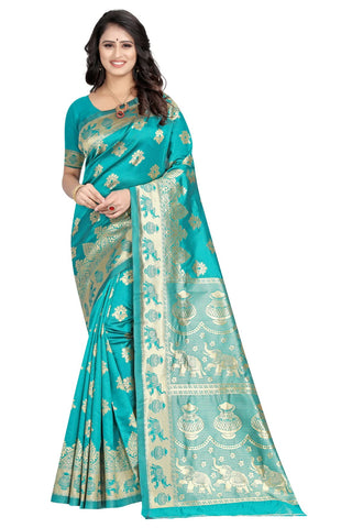 C J Enterprise Women’s Pure Kanjivaram Soft Silk Saree Banarasi Design Wear Pattu Sarees Latest Party Cotton Sari collections With Blouse Piece for Wedding sadi new ladies 2024 (Pari9016) (Firozi)