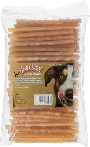 HOWLERS Natural 13cm Pack of 100 Dog Chew Rawhide Twists | Natural Dog Chews Stick For All Dogs | Delicious Dog Chew Sticks For Your Furry Friend
