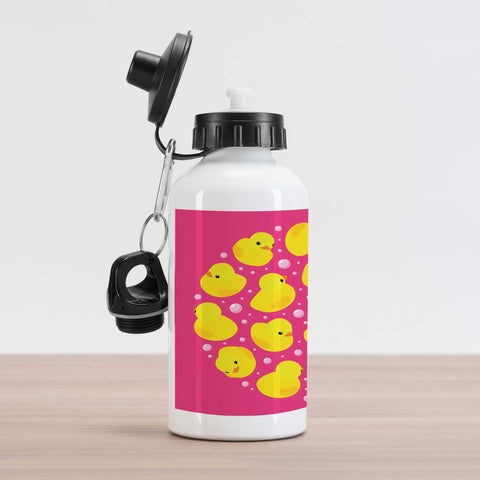 Ambesonne Rubber Duck Aluminum Water Bottle, Fun Duckies Circle Pattern Bath Toys Bubbles Animal Print, Insulated Spill-Proof Travel Sports Bottle, 16.9 oz, Yellow Pink