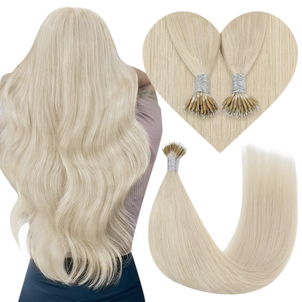 YoungSee Nano Ring Hair Extensions Platinum Blonde Nano Human Hair Extensions Blonde Nano Beads Hair Extensions Human Hair Blonde Nano Loop Hair Extensions Nano Link Extensions Blonde 20 inch 50s 50g