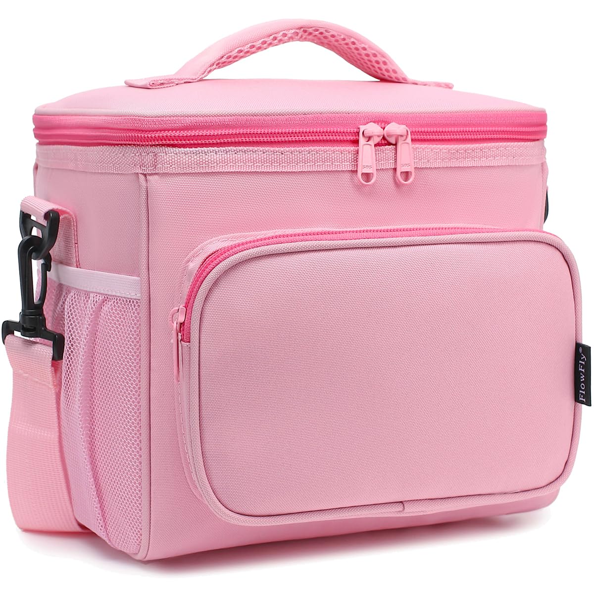 FlowFly Insulated Reusable Lunch Bag Adult Large Lunch Box for Women and Men with Adjustable Shoulder Strap,Front Zipper Pocket and Dual Large Mesh Side Pockets,Pink
