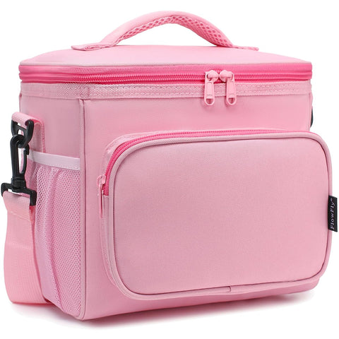 FlowFly Insulated Reusable Lunch Bag Adult Large Lunch Box for Women and Men with Adjustable Shoulder Strap,Front Zipper Pocket and Dual Large Mesh Side Pockets,Pink