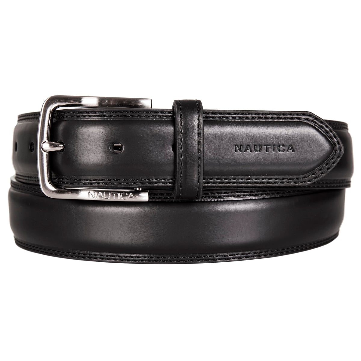 Nautica Men Bold Fashion and Dress Leather Belt with Metal Buckle, Logo Inlay Double Stitch-Black, 36"