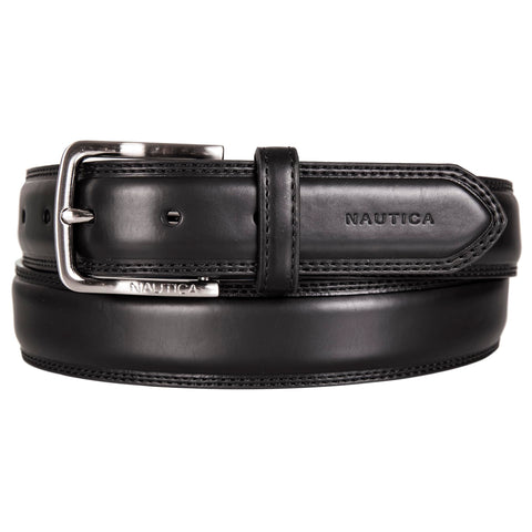 Nautica Men Bold Fashion and Dress Leather Belt with Metal Buckle, Logo Inlay Double Stitch-Black, 36"