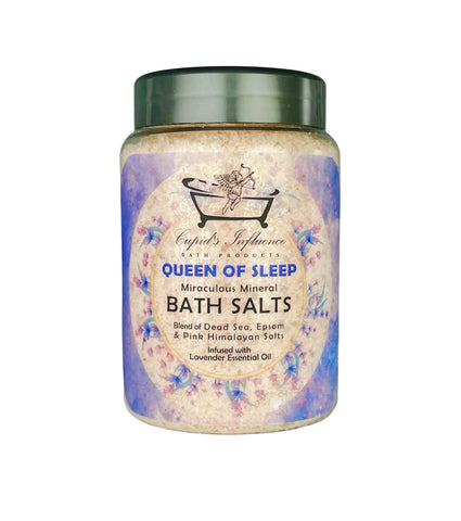 CUPID'S INFLUENCE BATH PRODUCTS Queen of Sleep Lavender Bath Salts 500gr Natural Dead Sea Salt, Epsom Salt and Pink Himalayan Salt. Infused with Pure Lavender Essential Oil to Encourage Relaxation